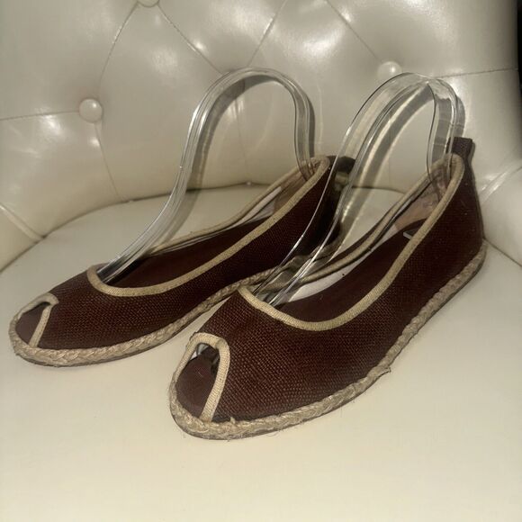 NEW Dollhouse Brown Canvas Peep Toe Flat Shoe Size 6 Slip On Ballet Flat Shoes - Picture 3 of 7